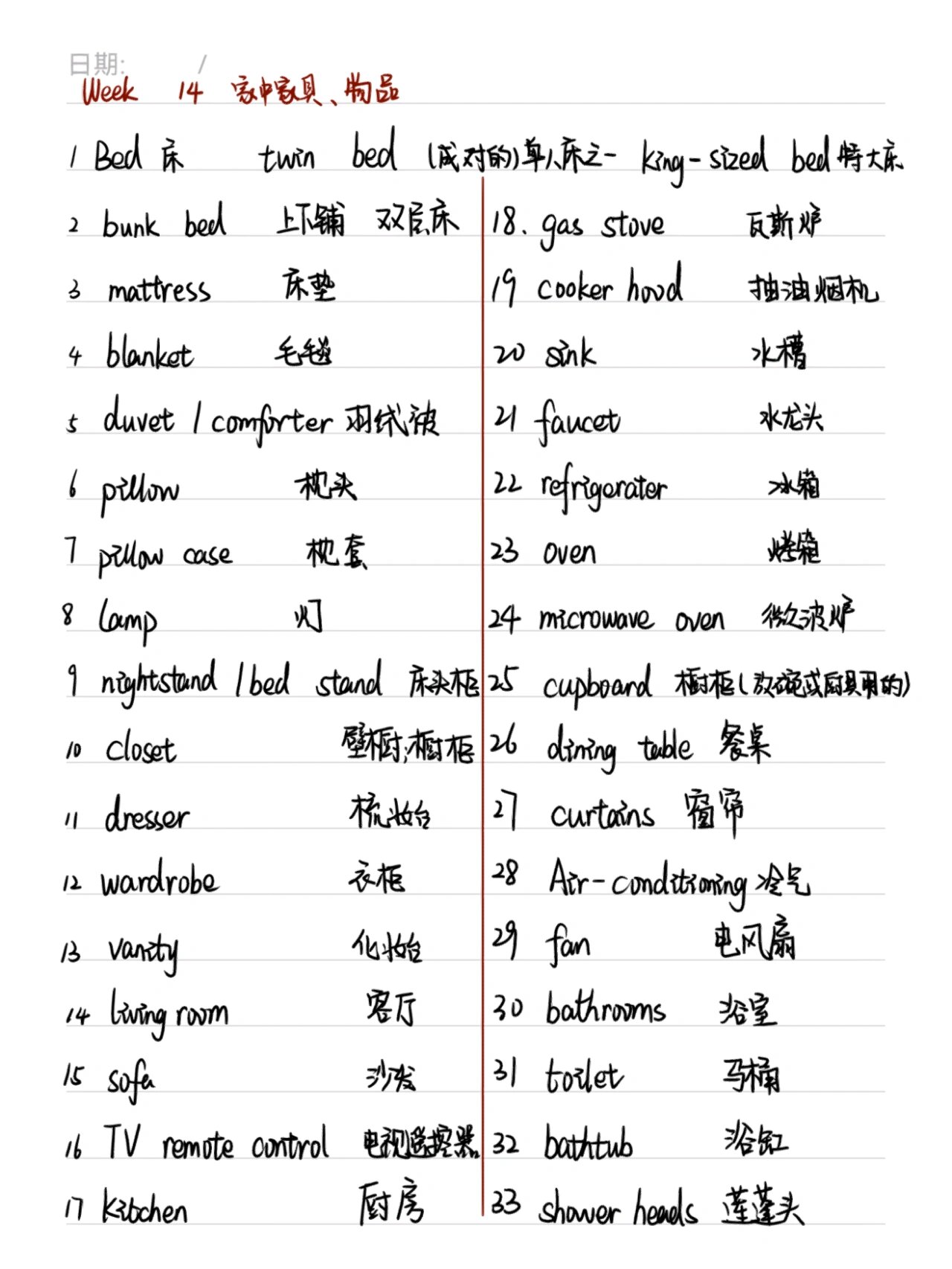 100个家中家具英汉词汇