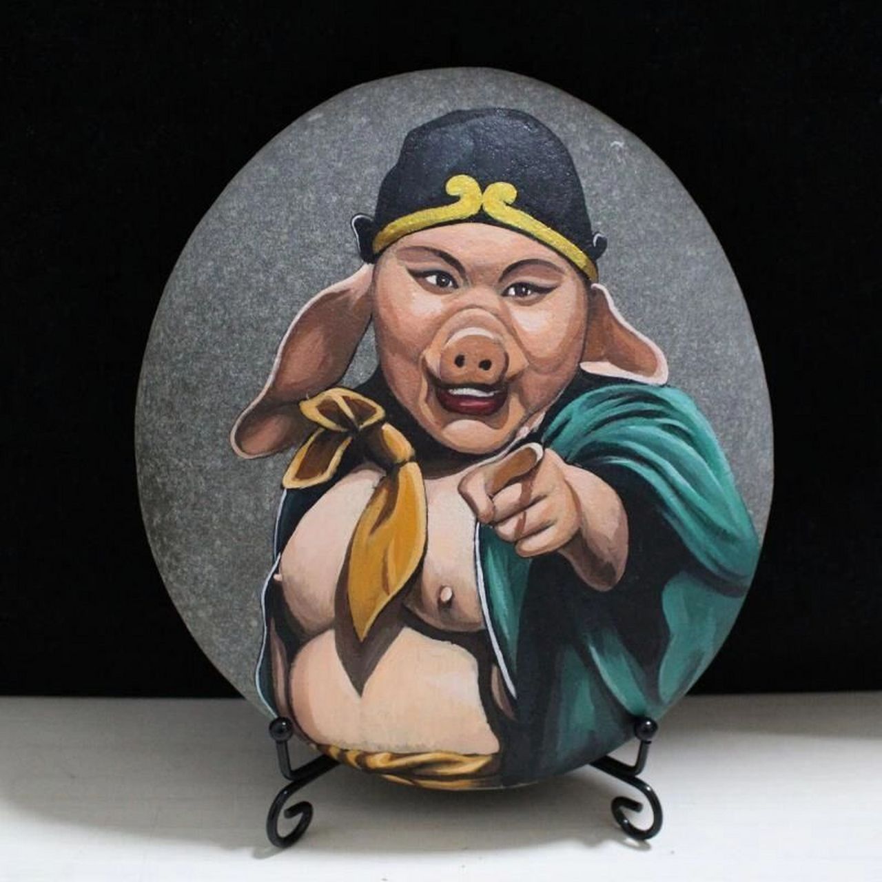 手绘二师兄猪八戒彩绘石头画西游记人物 石头画手绘西游记角色天蓬