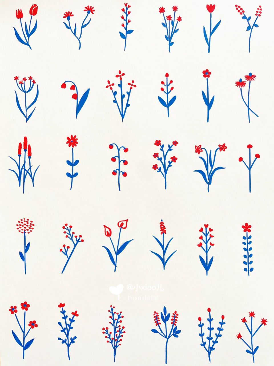 「小花」简笔画 红蓝配色,复古感小花花78