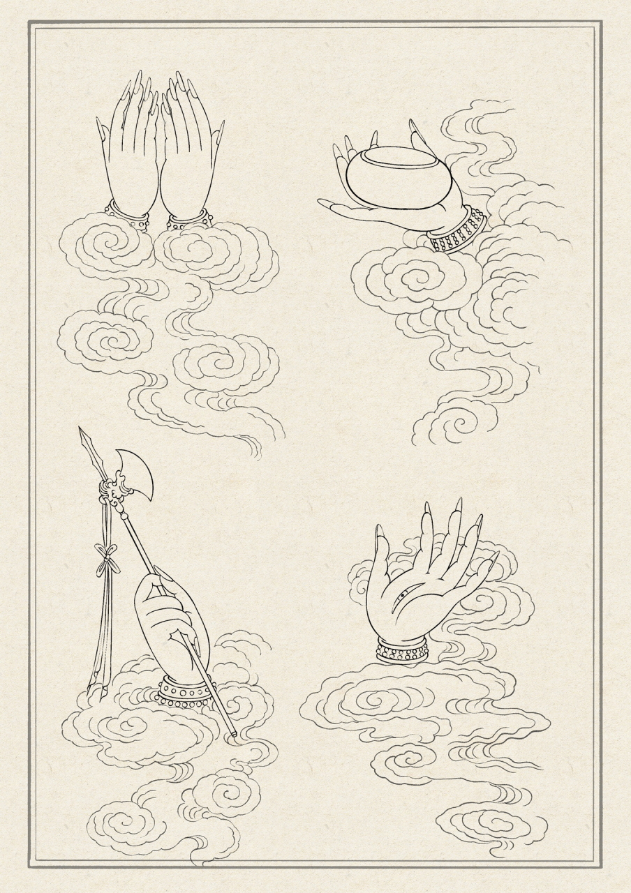 949915白描敦煌手姿(五) 上图分别是菩萨手姿里的莲华手,宝经手