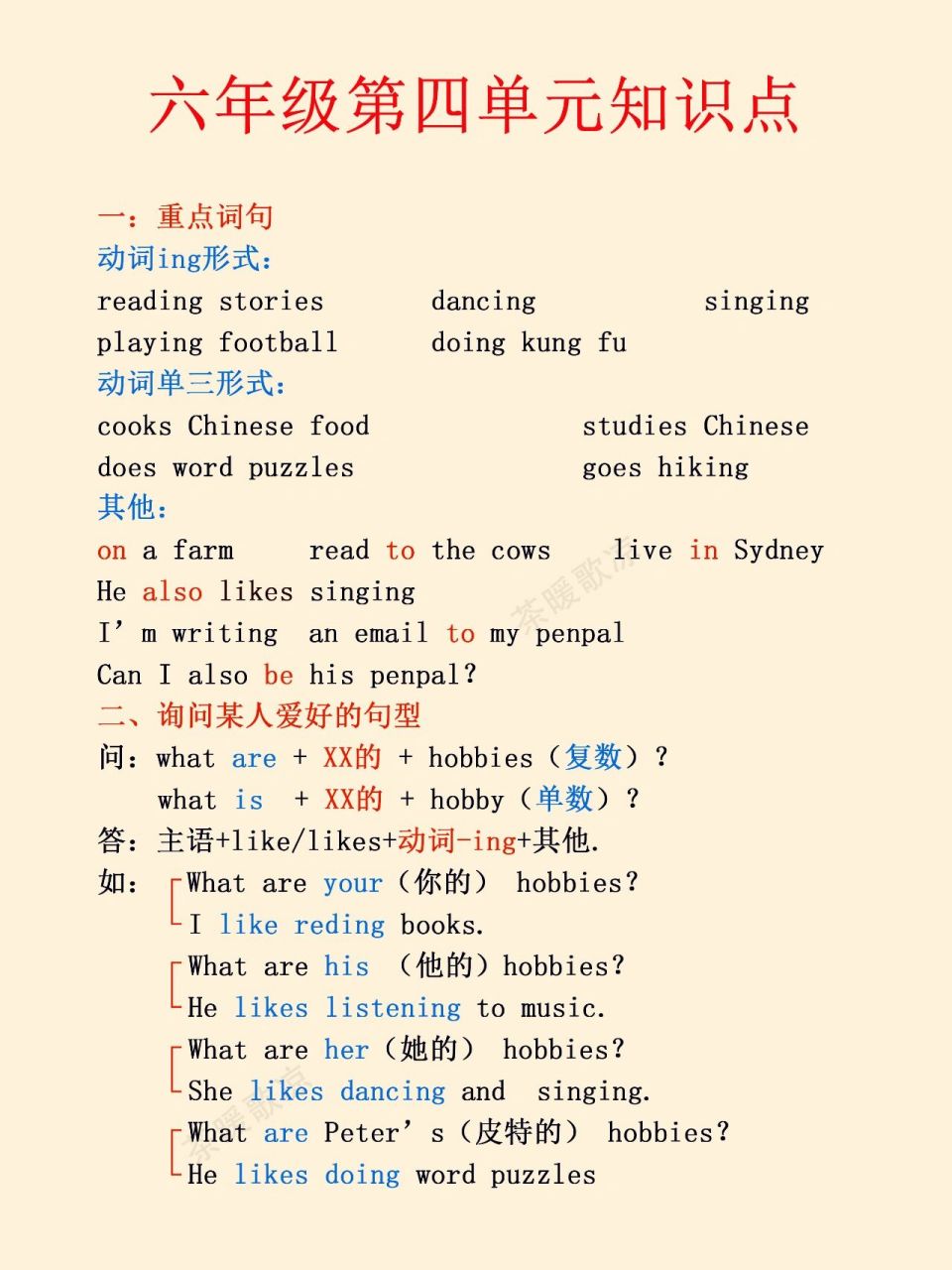 人教版六年级英语第四单元知识点总结 人教版六年级英语第四单元知识