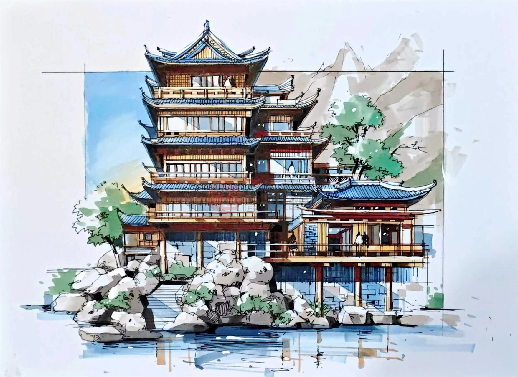 古建筑马克笔上色 古建筑马克笔上色! 干净! 利落!