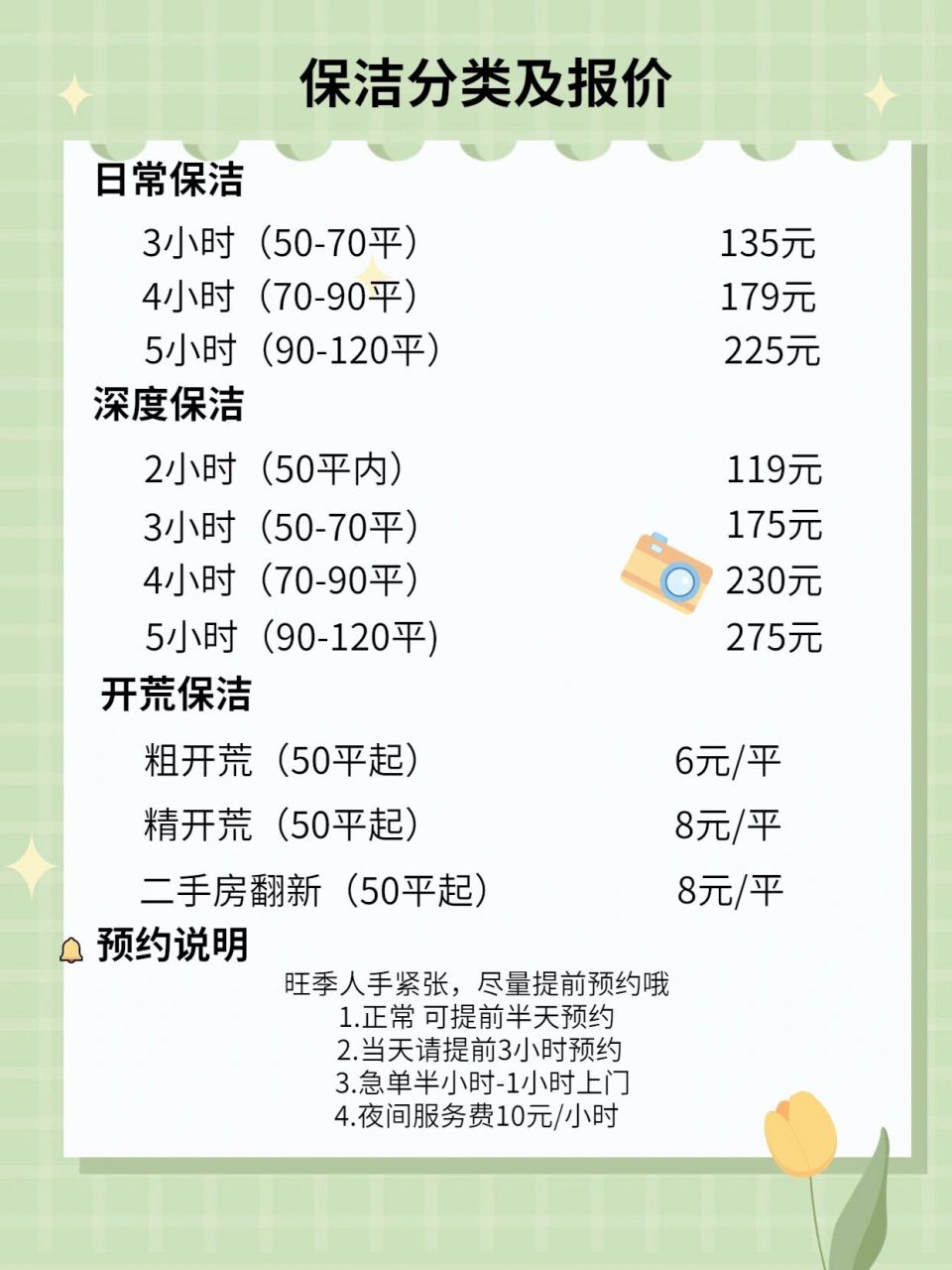 保洁价目表,简单明了 【日常保洁】:适用于经常打扫的房子,家具家电低