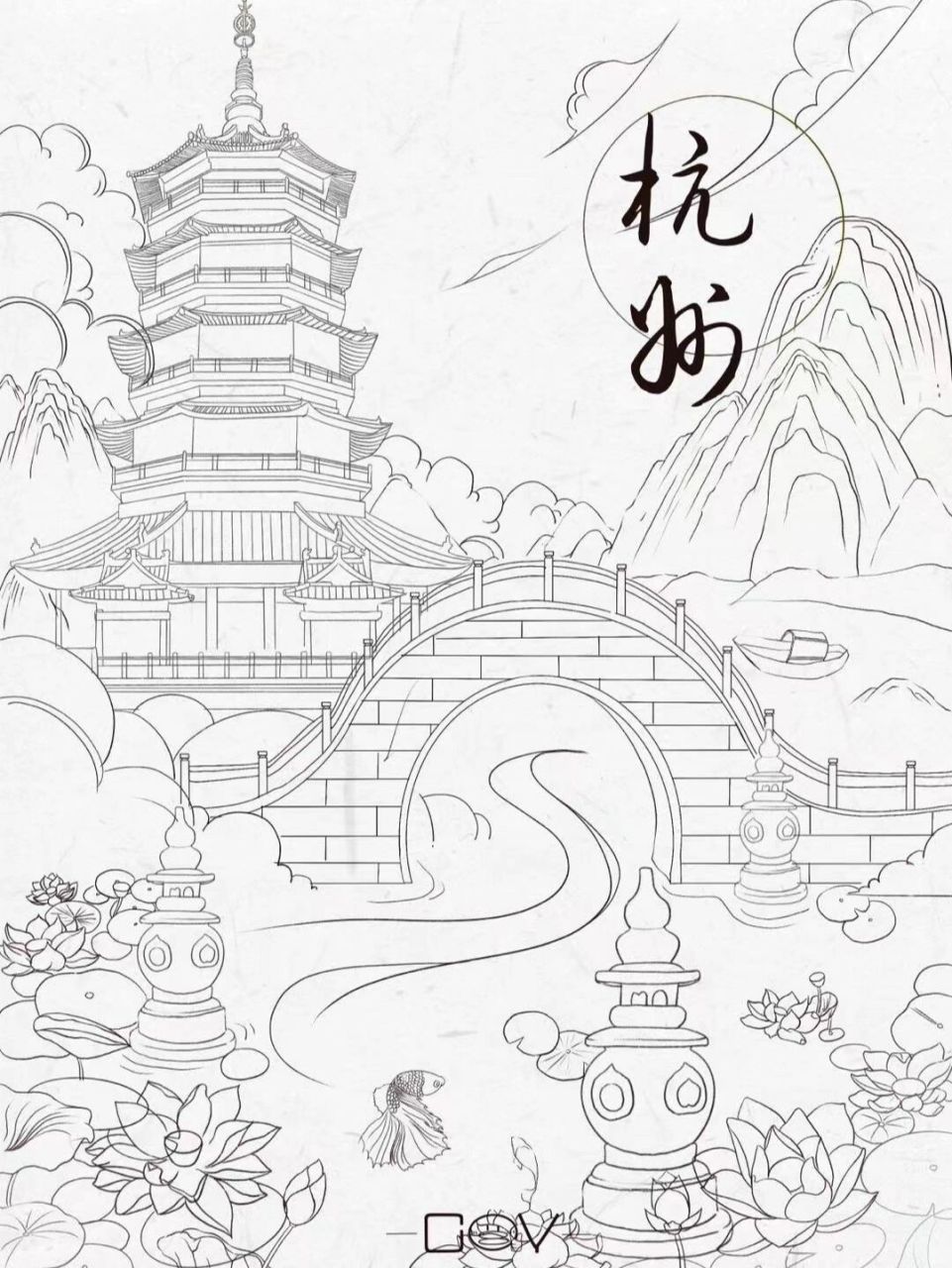 杭州西湖素描简笔画图片