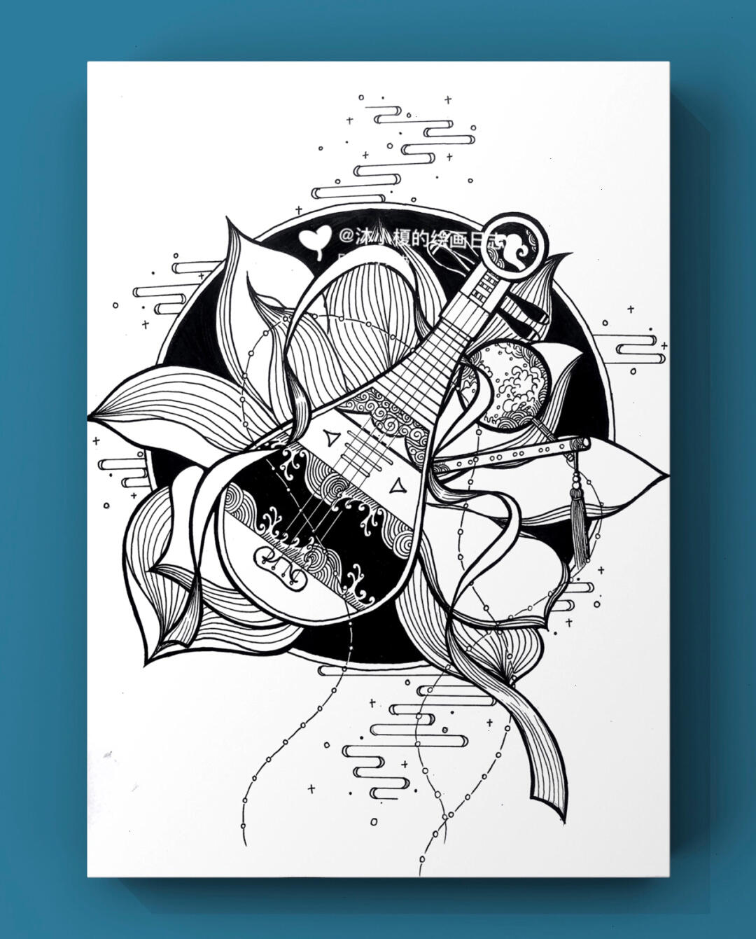 原创国风|黑白线描画|琵琶