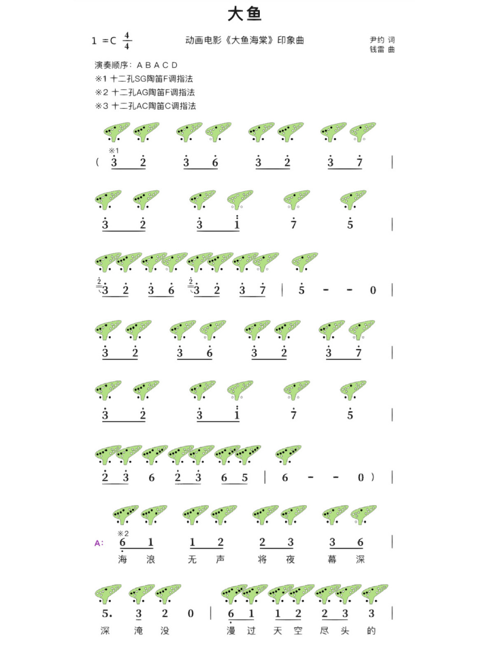大鱼海棠陶笛谱6孔图片