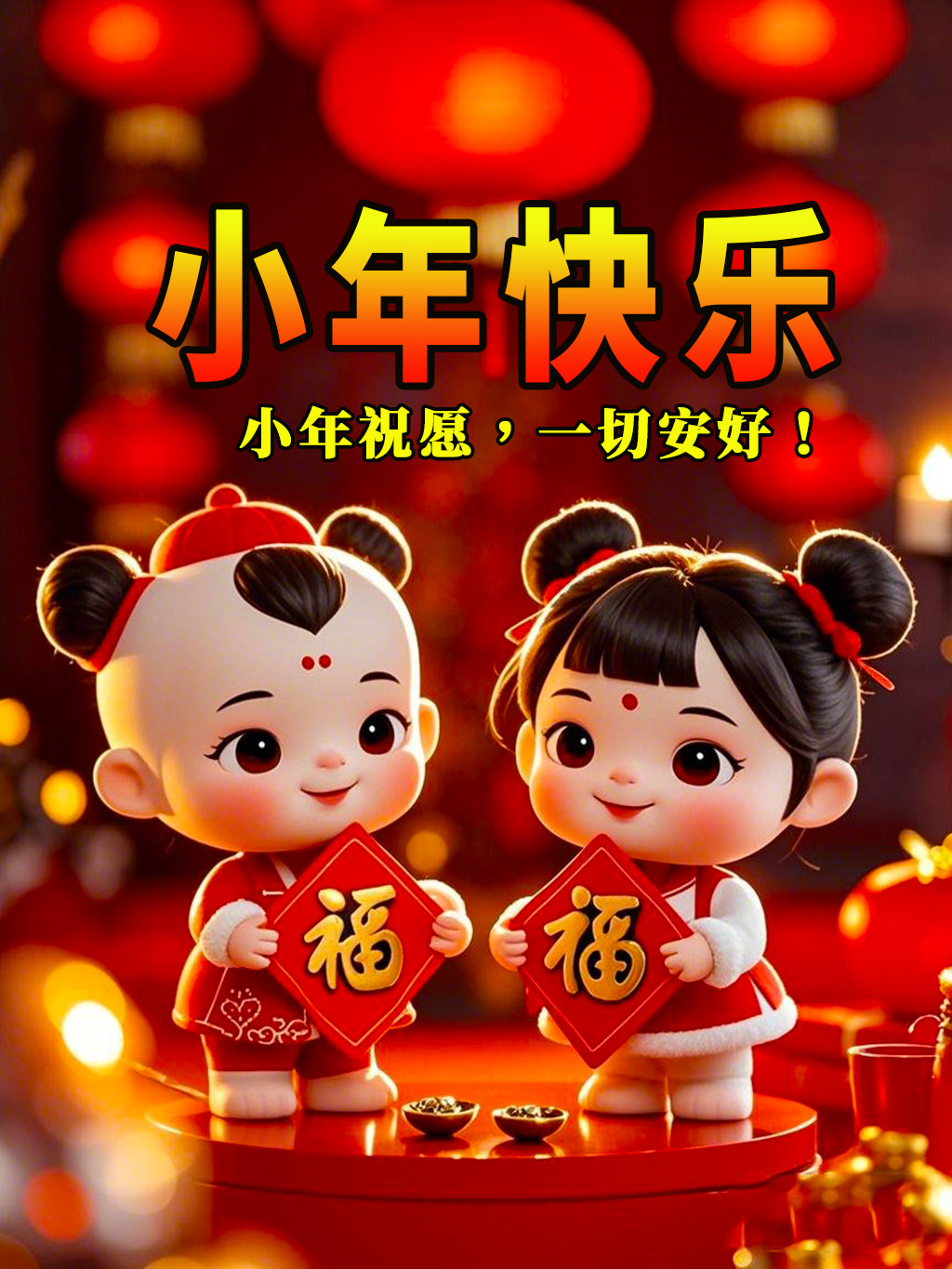小年祝福真是好,好运幸福都来到.烦恼忧愁全忘掉,快乐心情乐逍遥