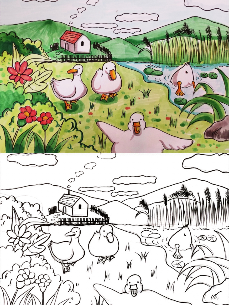 乡村美景/美丽家园/鸭子08/马克笔风景 有参考,参考在后面,有看到原