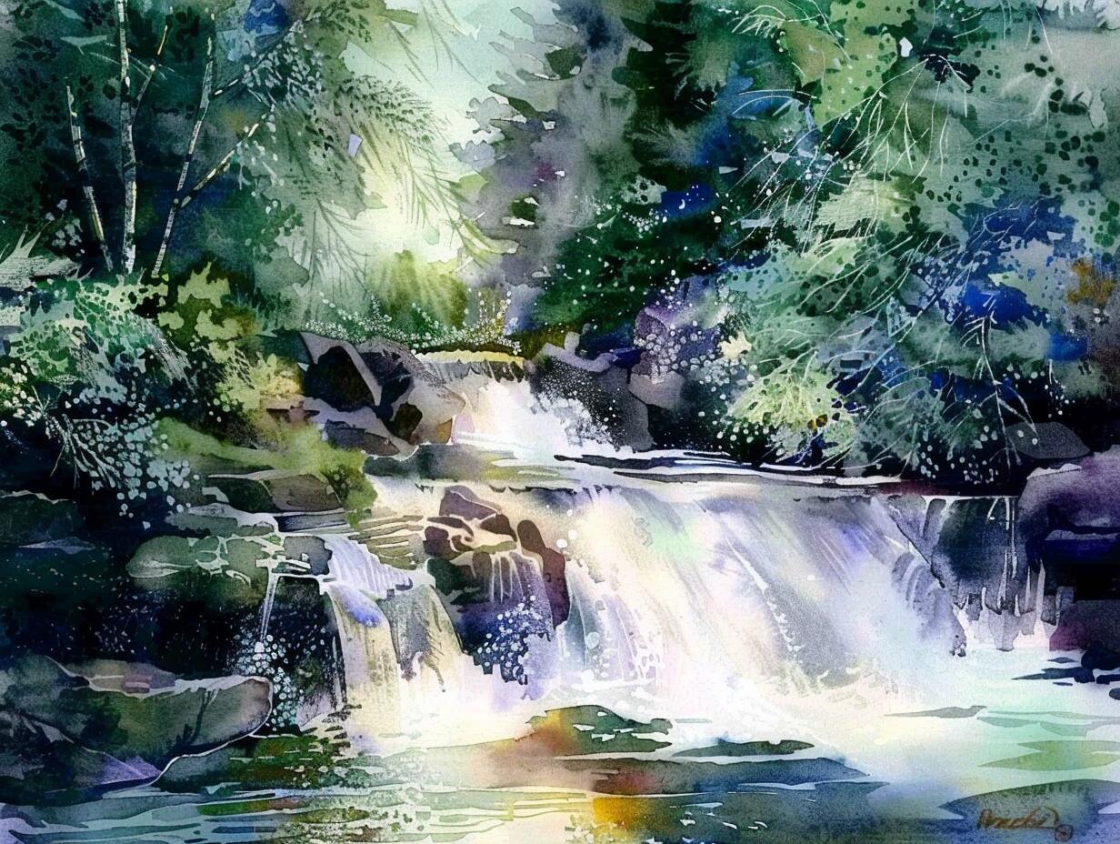 ai水彩|森林溪流