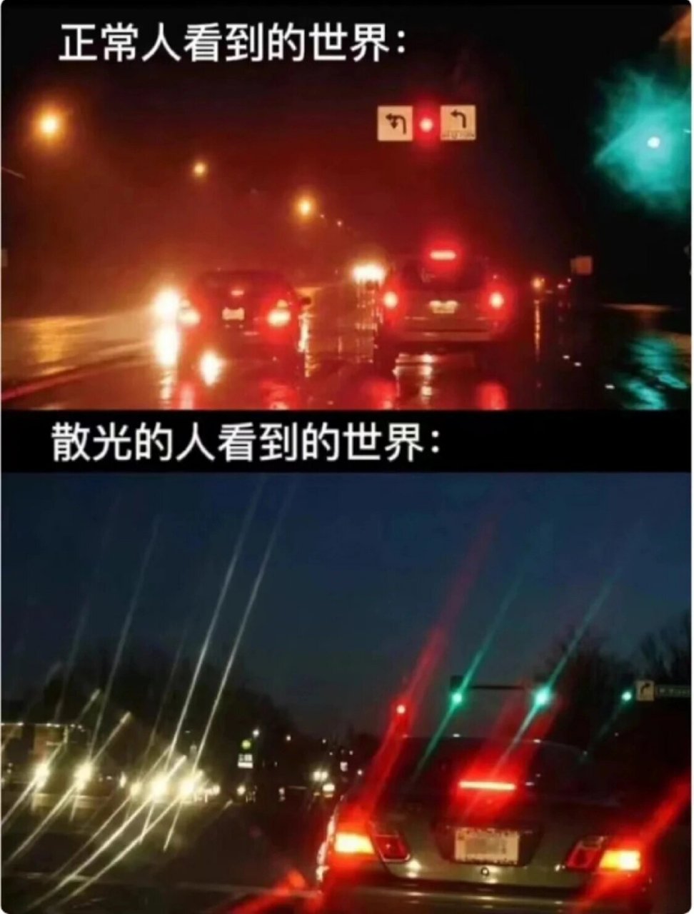散光夜晚看东西的状态 图片上是散光眼睛 晚上看灯光的状态!