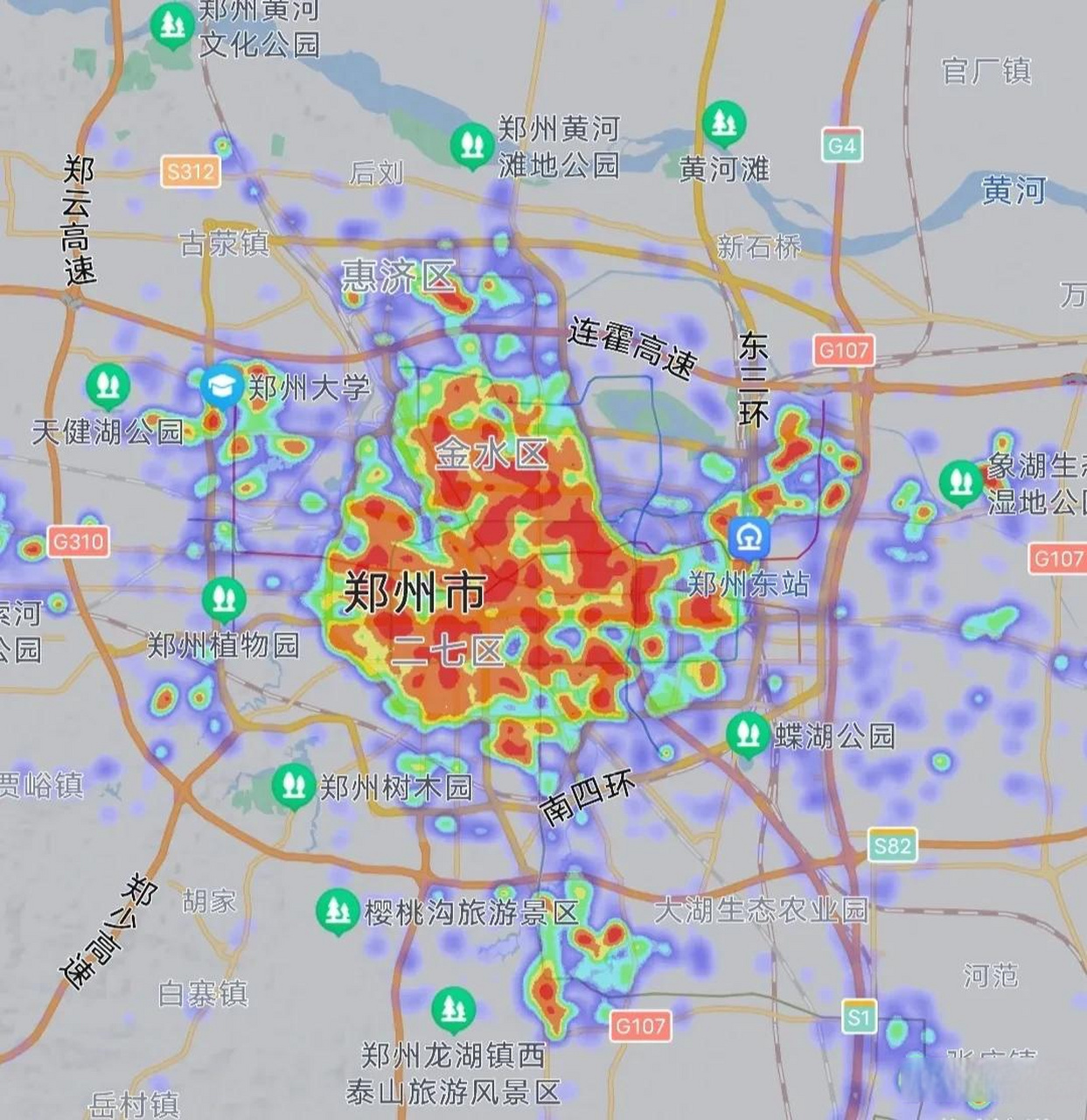 郑州杭州热力图对比,晚上23:20分相同比例尺下我们来来来两座城市有