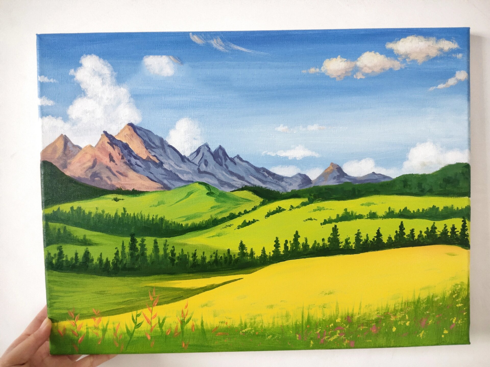 42丙烯画|草原森林雪山蓝天风景画步骤图 "山有灵而万物生,水有气而澈