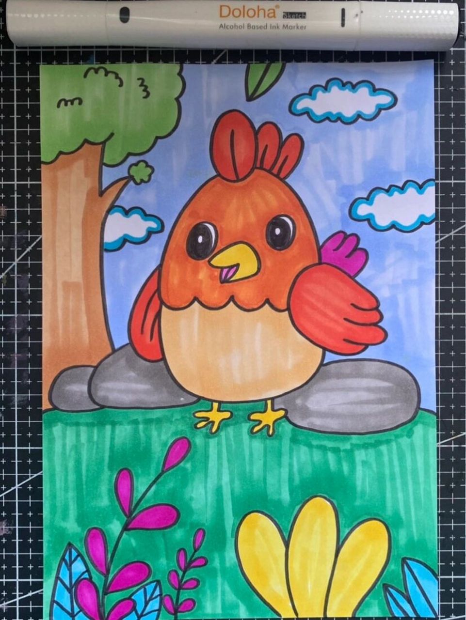 小鸡儿童画 快乐小鸡 公鸡卡通创意画 多乐绘马克笔