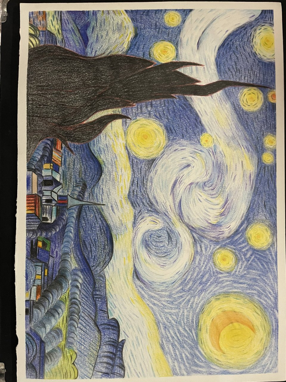 梵高的星空彩铅临摹 梵高的星空真的很美 但也挺难画的