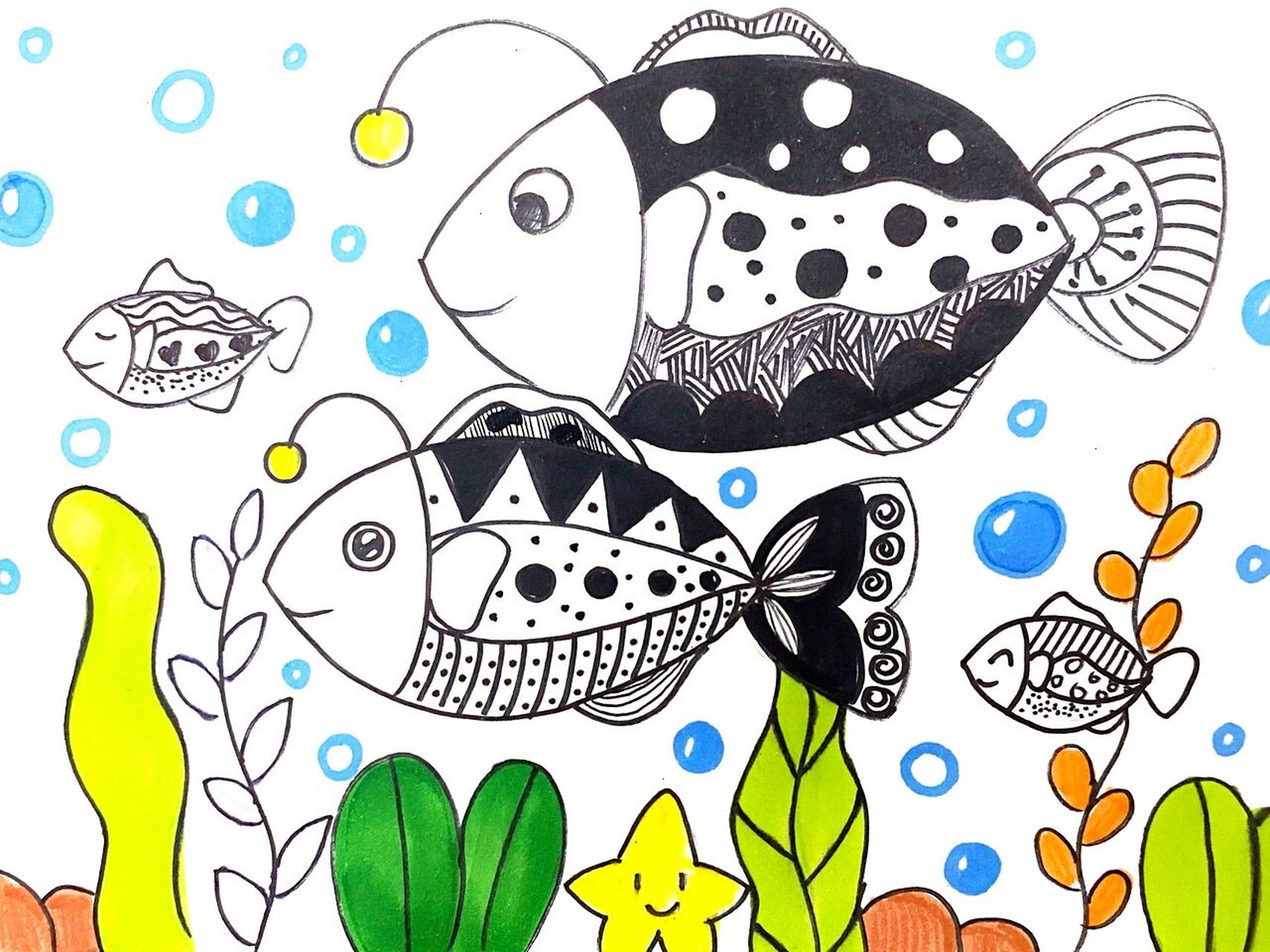 线描鱼 #线描# #创意线描# #线描鱼# #线描动物##黑白线描