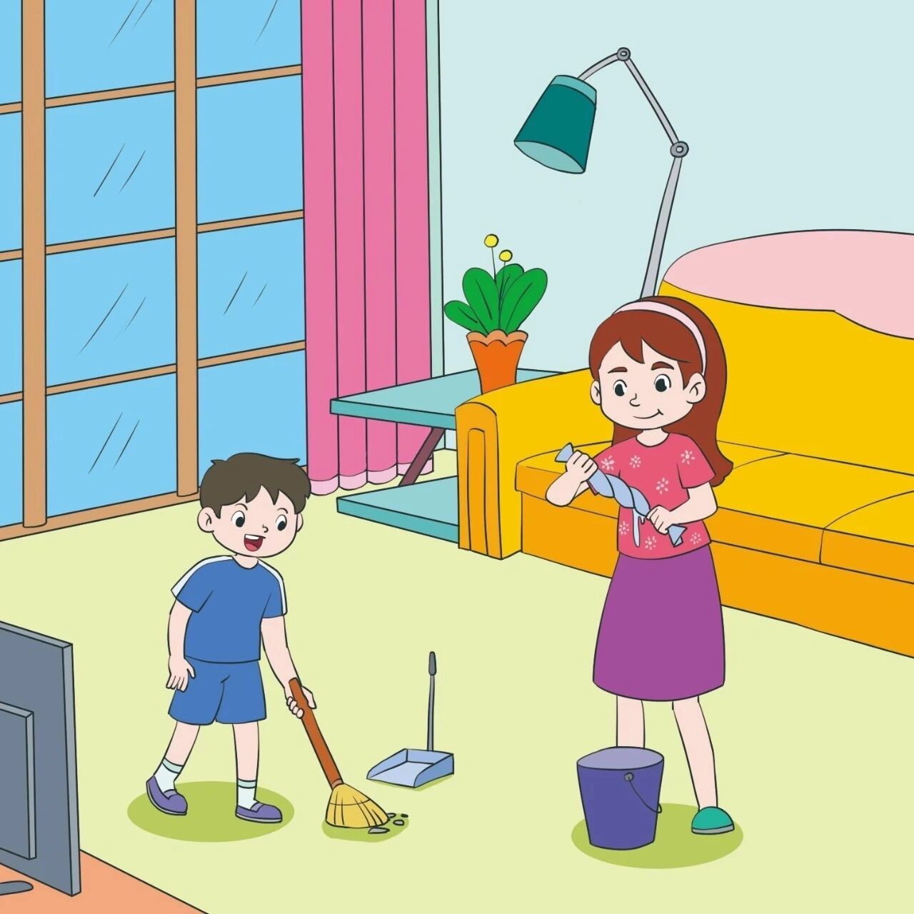看图写话 大扫除 星期六的上午,小华正在家里玩积木,他看见妈妈一吃完