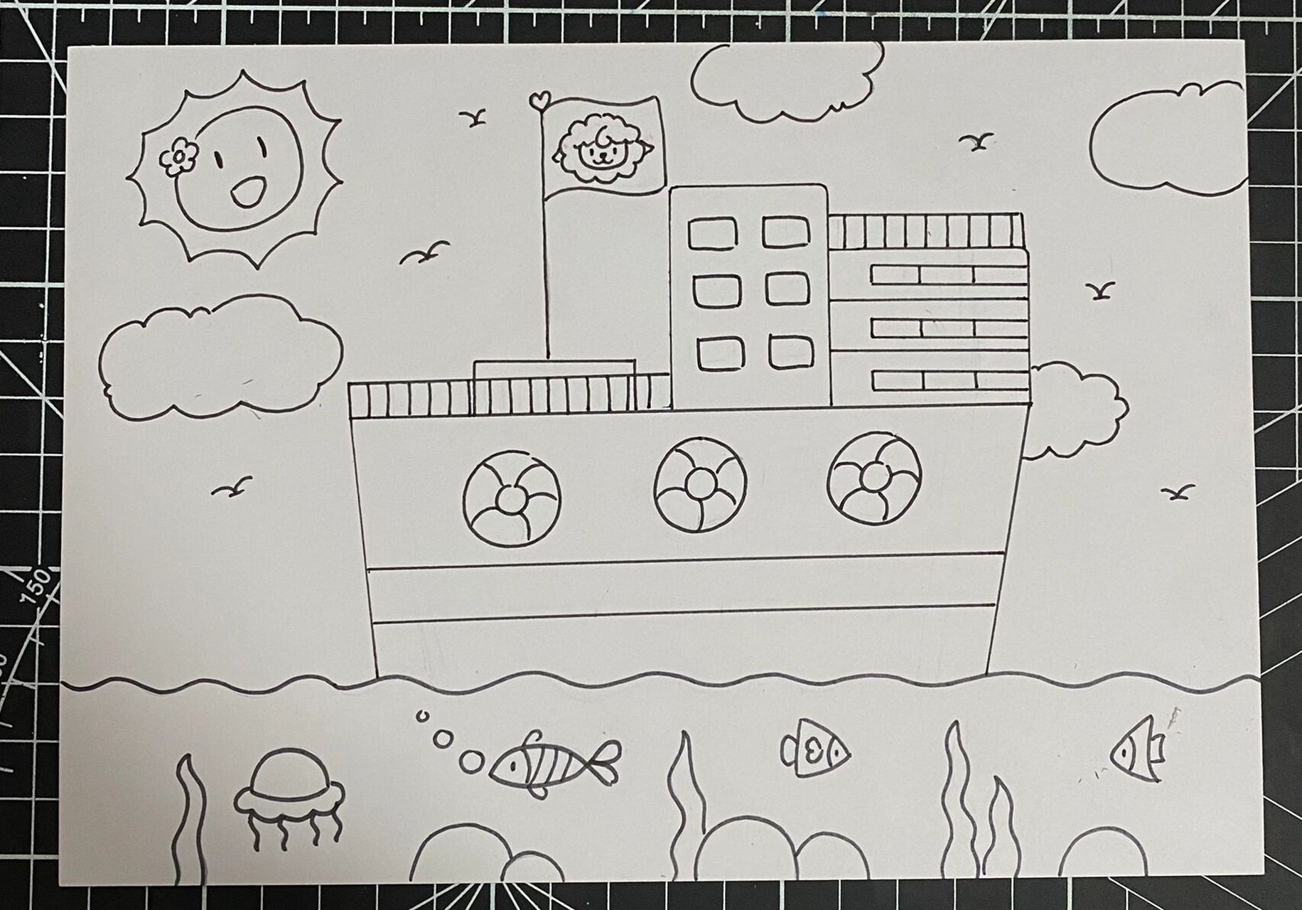 轮船儿童创意画 儿童画 带线稿 简单易画