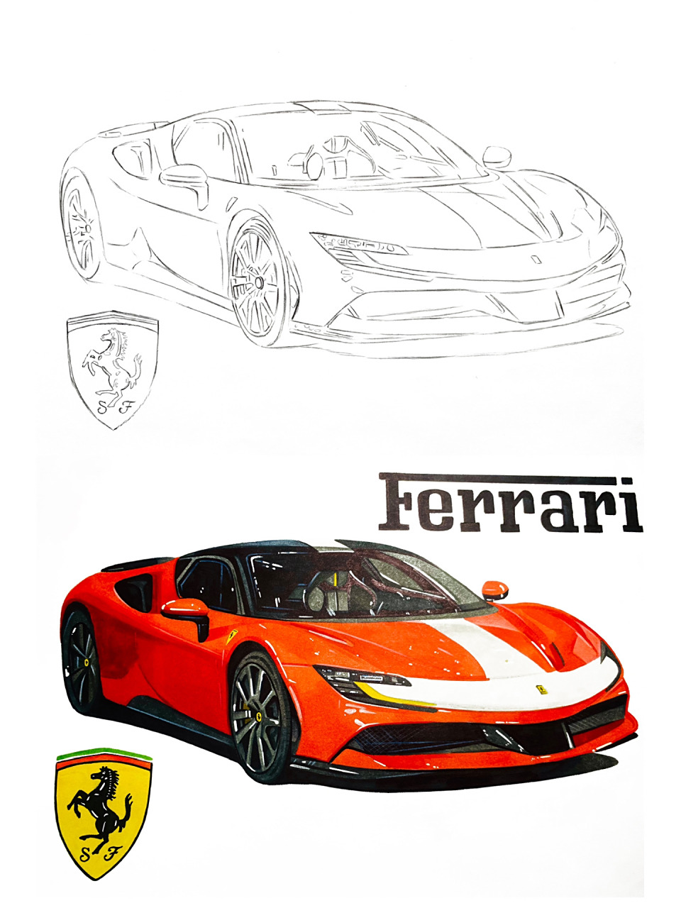 手绘法拉利sf90教学 最近好多人来要之前画的法拉利fs90线稿.