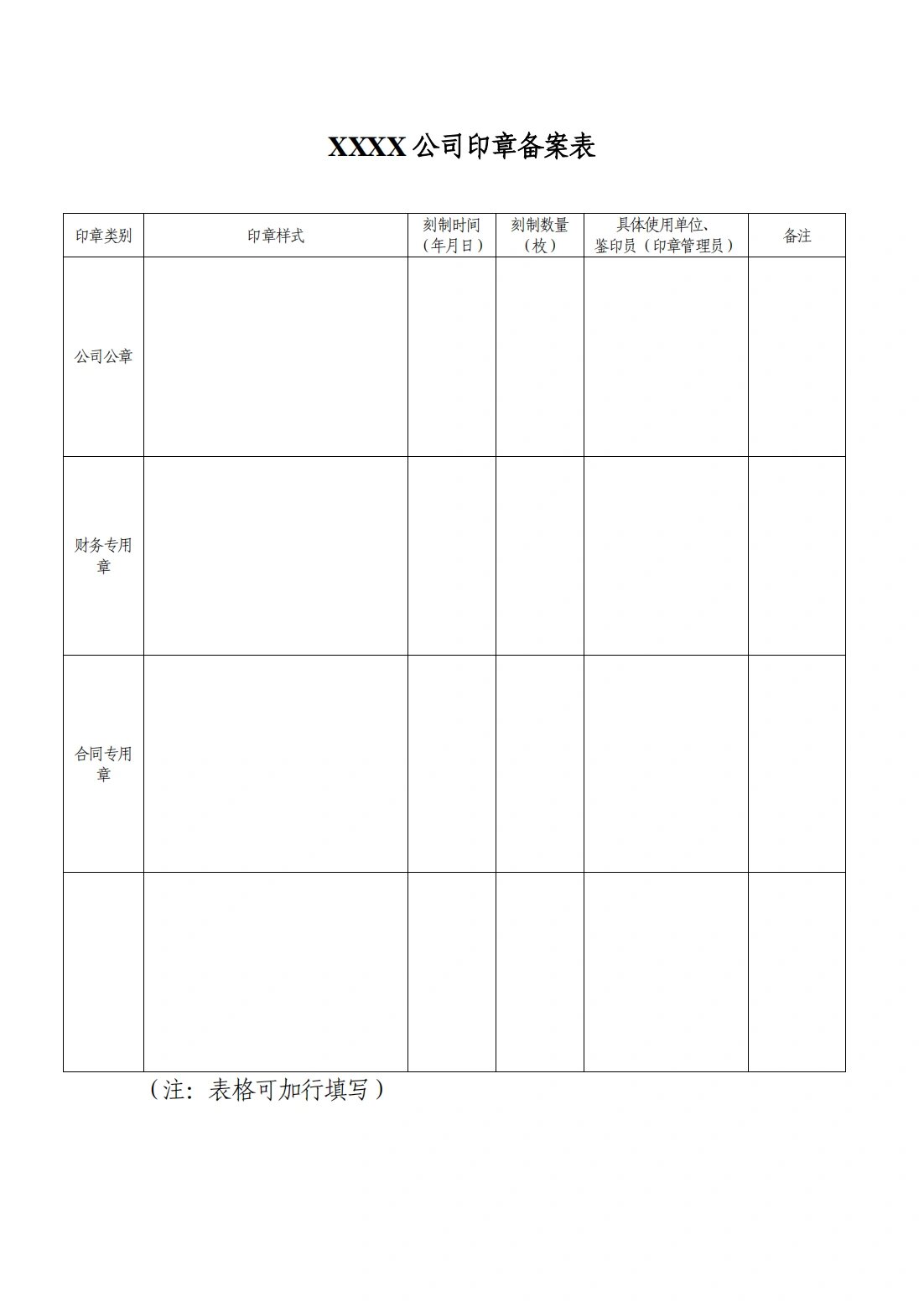 印章备案表,印章管理台账,用章登记表
