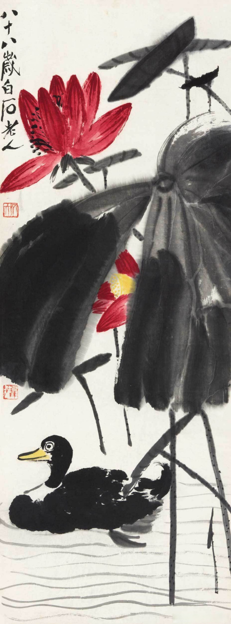画家齐白石笔下的荷花  齐白石(1864年—1957年),湖南湘潭人,名璜,字