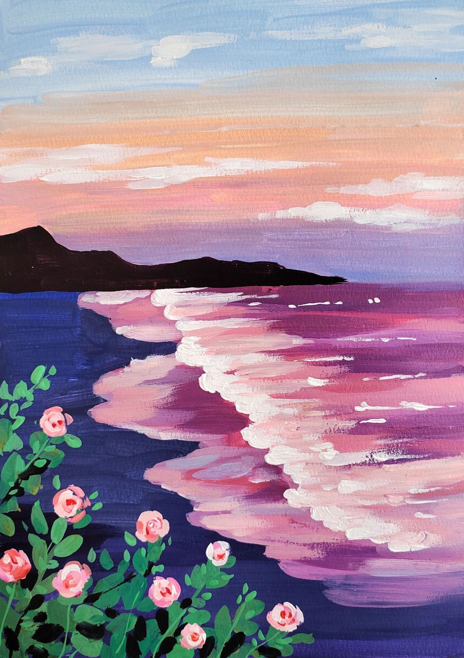 儿童水粉画风景画教程《藕粉色海》 谁会拒绝粉色大海啊 临摹油画棒