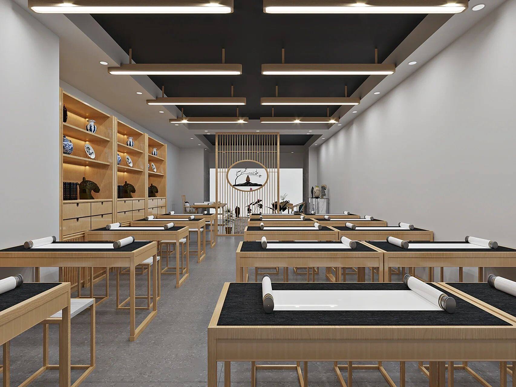 杭州书法培训教室装修设计案例 书法教室面积:110平 书法教室风格