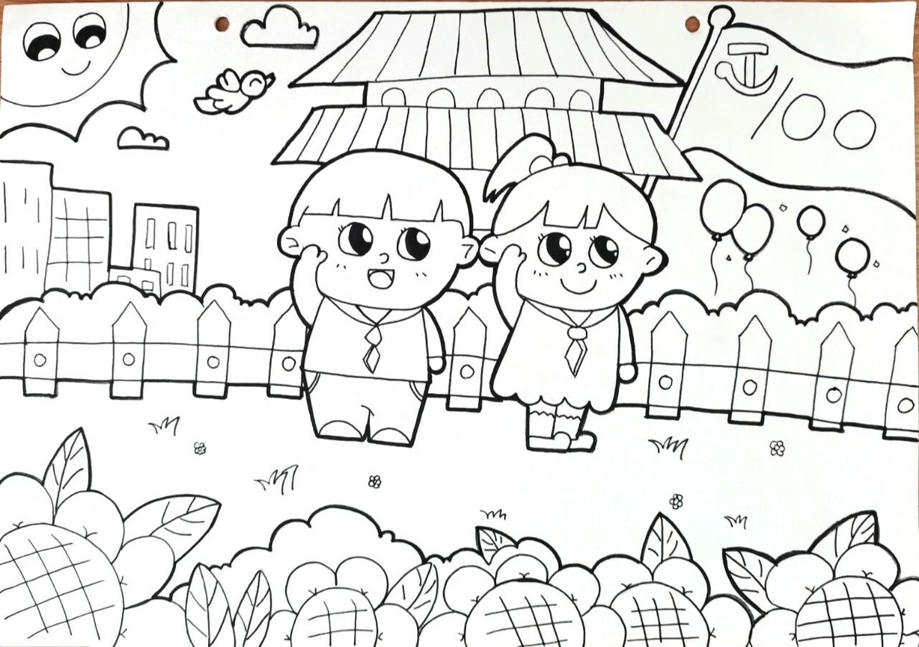 线描儿童画简笔画《祖国一百周年》主题 幼师儿童画 幼师考编绘画 这