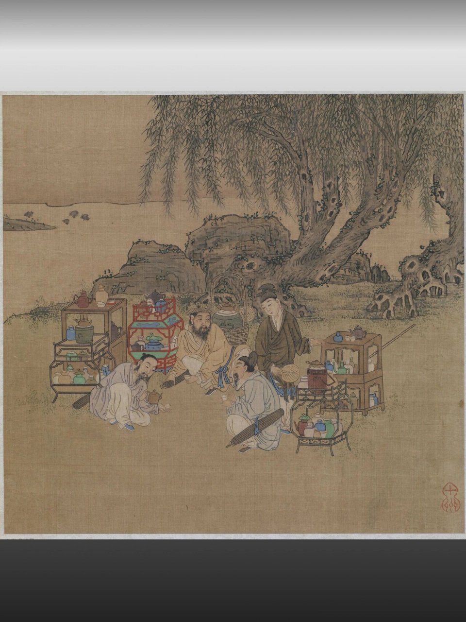 古人喝茶的仪式感丨古画里的茶文化 《柳荫斗茶图》 清 佚名 绢本