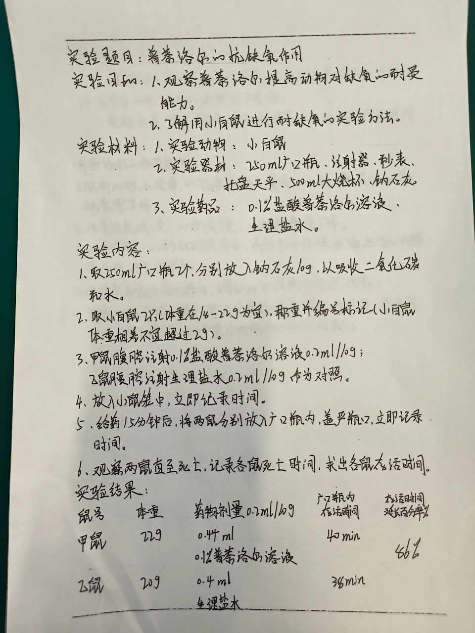机能学实训——小白鼠 普萘洛尔的抗缺氧作用    链霉素毒性反应及钙
