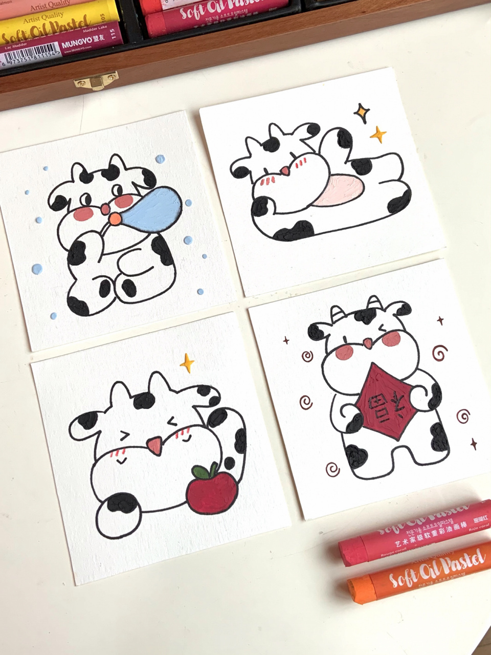 96油画棒·简笔画 |小牛卡片90 看到一张壁纸 全都是可爱的小牛