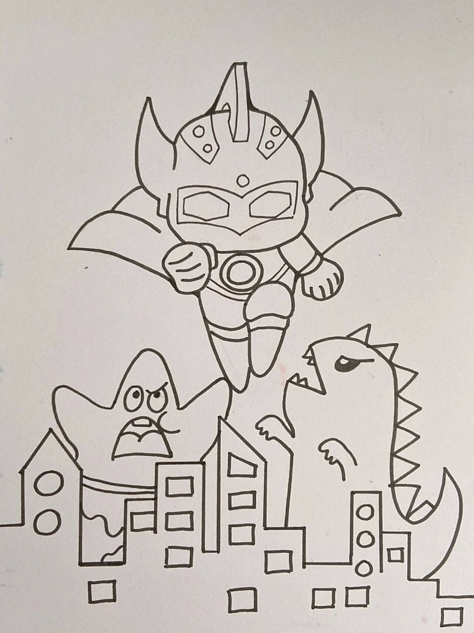 泰罗奥特曼打小怪兽派大星城市儿童画简笔画 不想画背景可以用图4