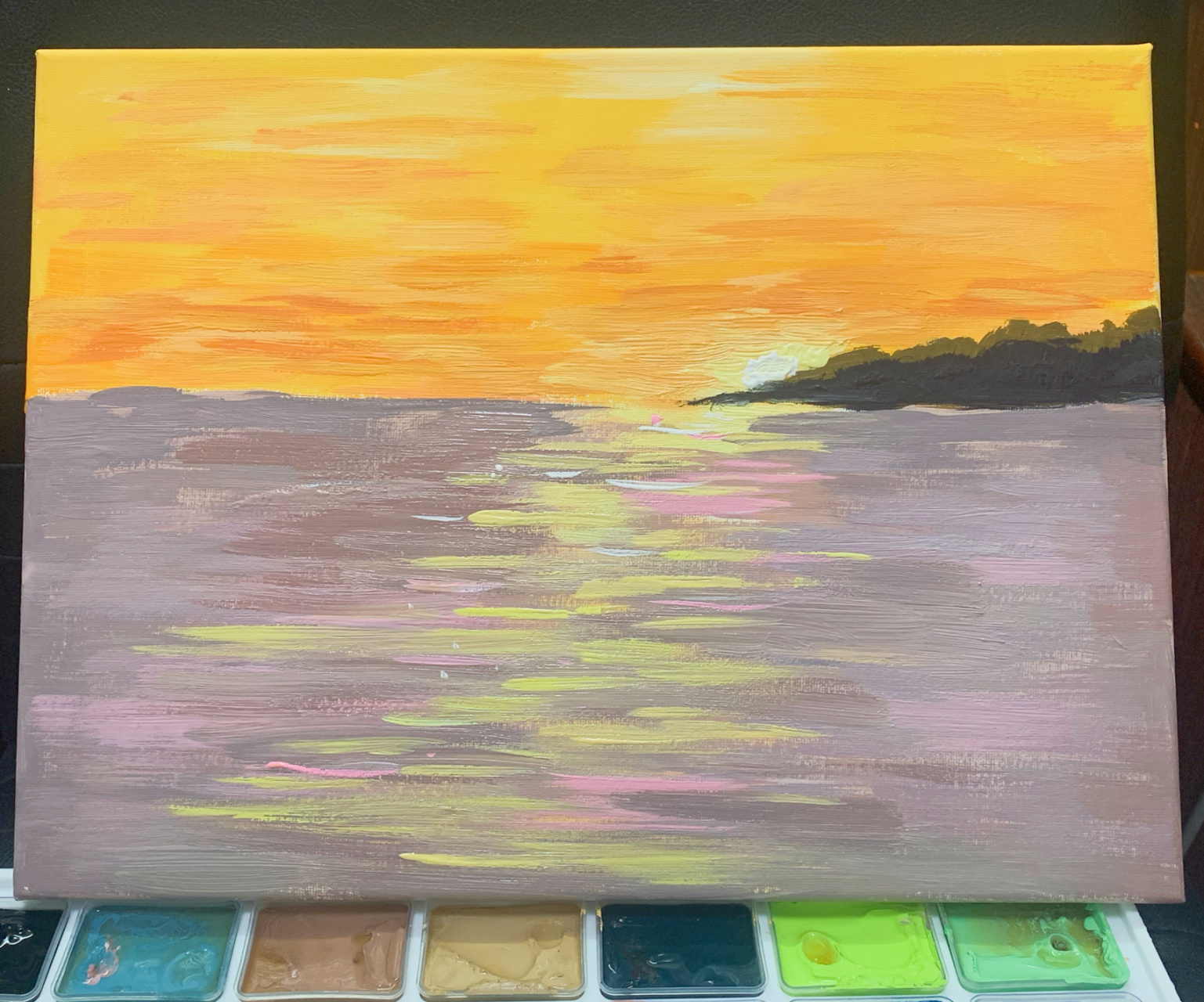 水粉风景画～ 水粉风景～治愈系满满的日出93 强烈的光影,这个紫色