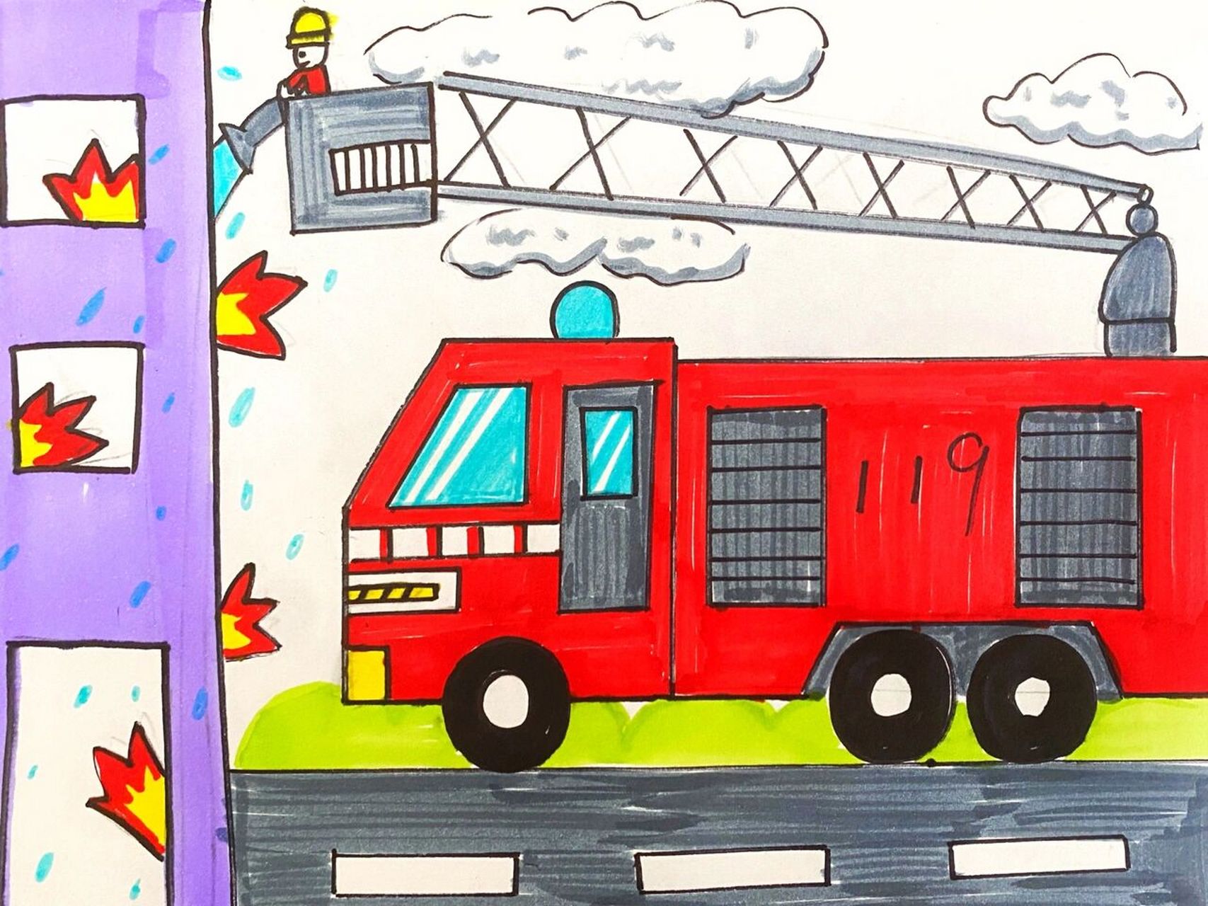 119消防车画画高级图片