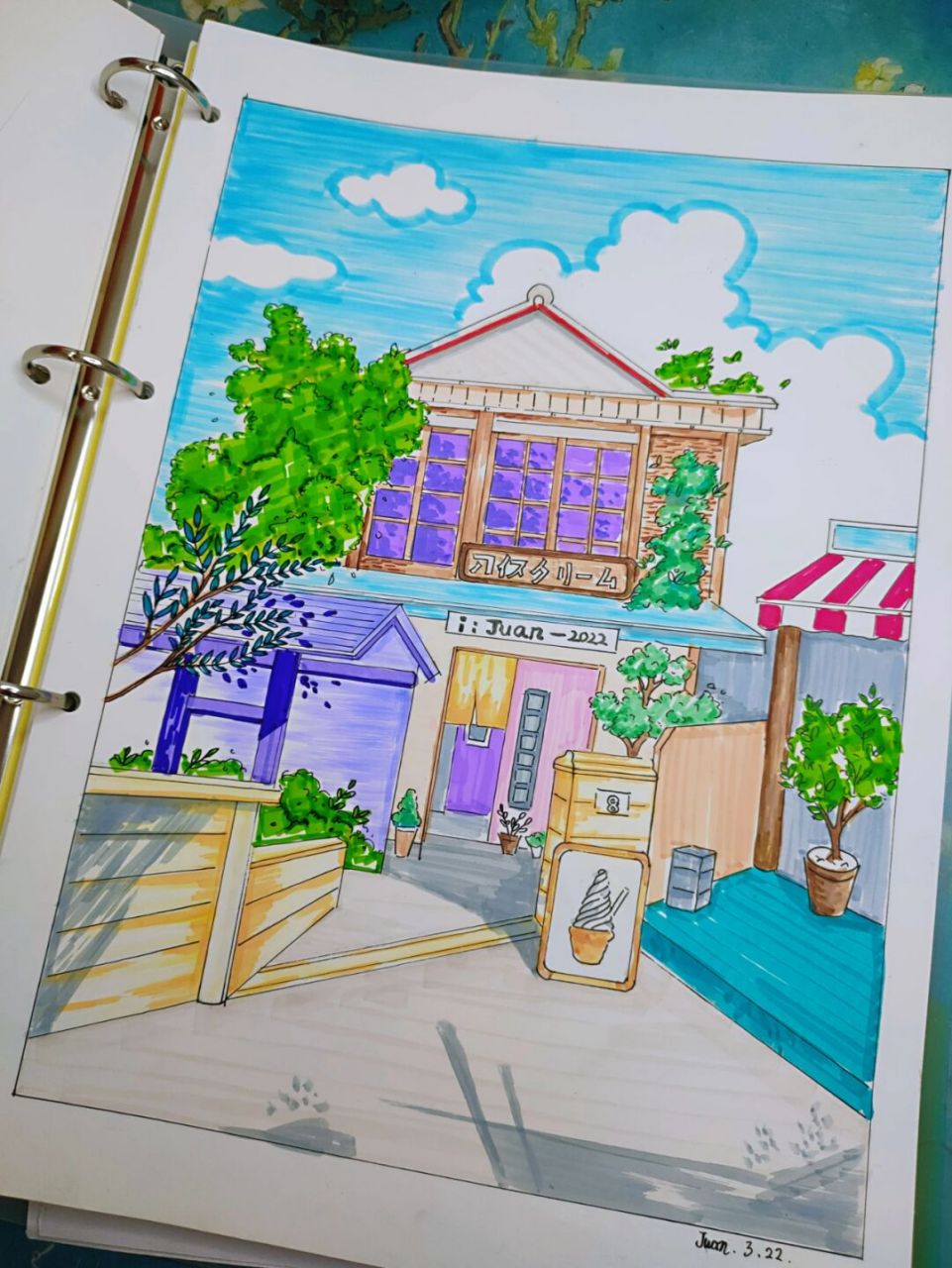 马克笔风景画(冰激凌店)上色 #风景画# #马克笔风景画# #马克笔画