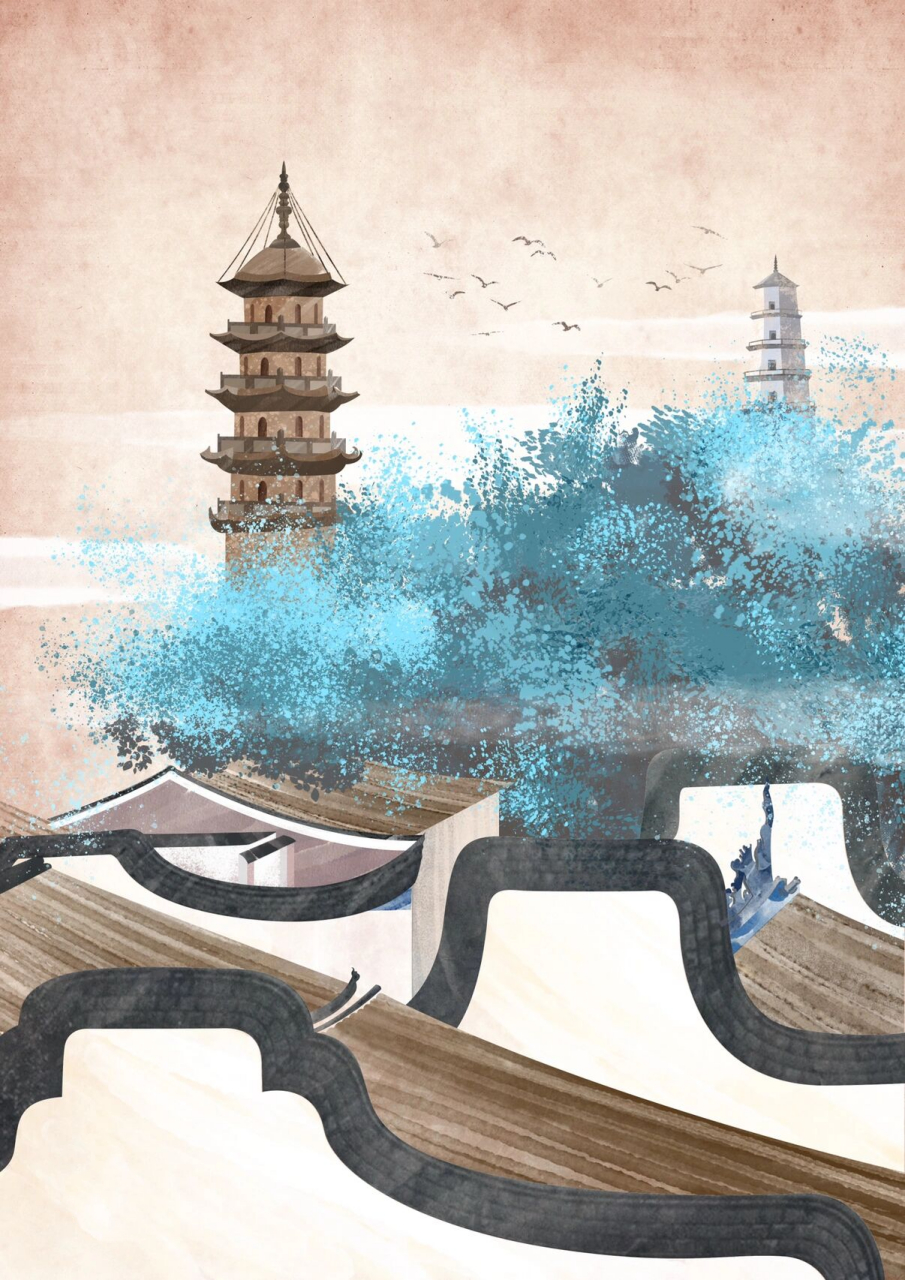 乌塔白塔 福州鼓楼: 城里三山古越都, 楼台相望跨蓬壶.