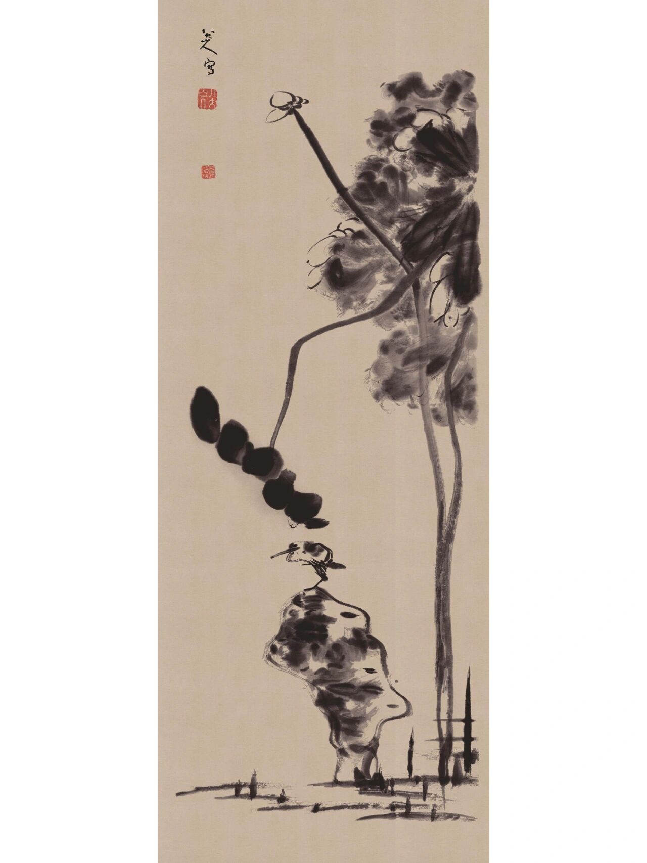 名称:荷石水鸟图 创作者:朱耷 材质:水墨画 《荷石水鸟图》是明末