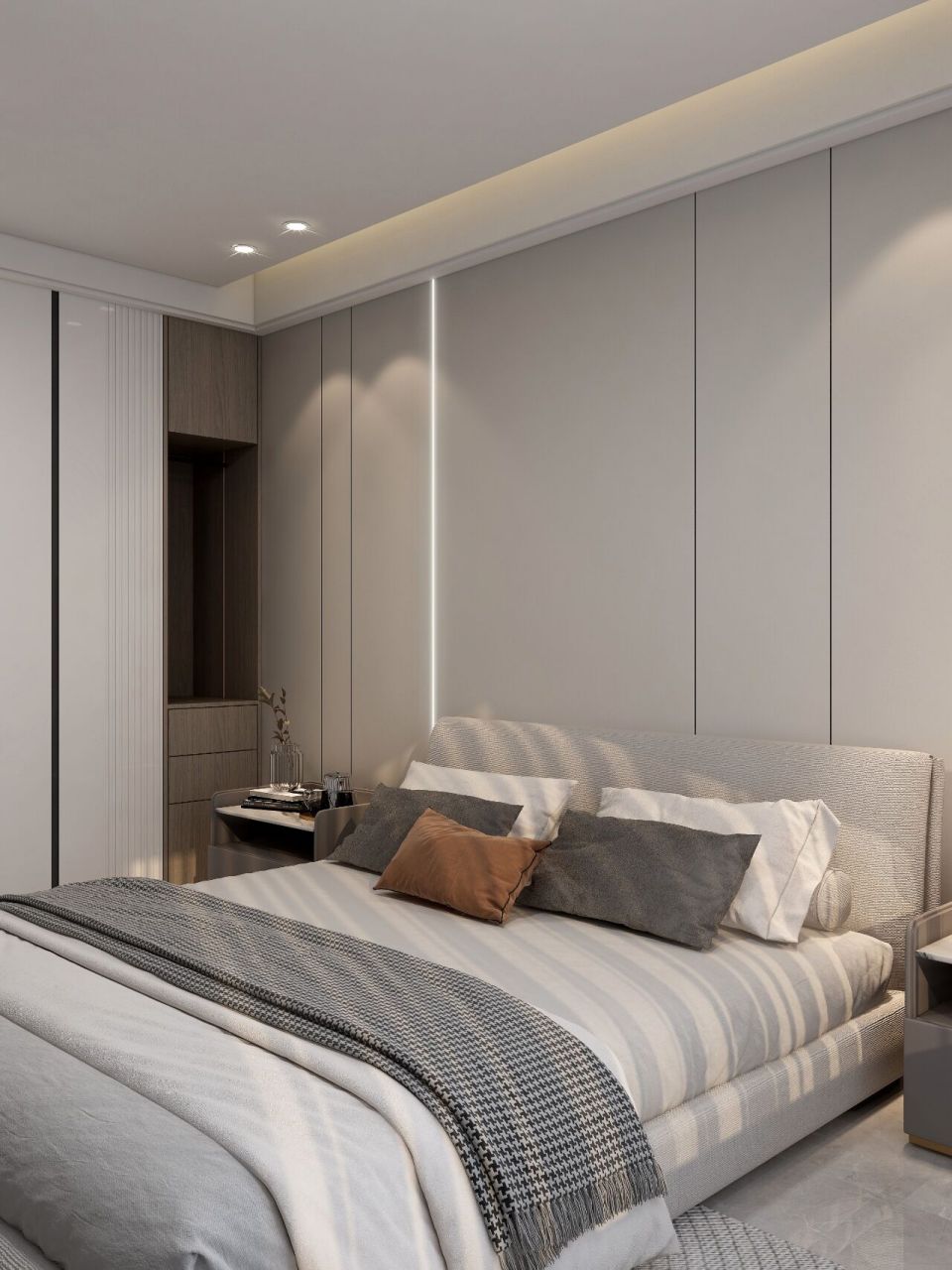 高颜值现代风卧室背景墙 卧室背景墙材料:肤感木饰面 实木格栅 点缀