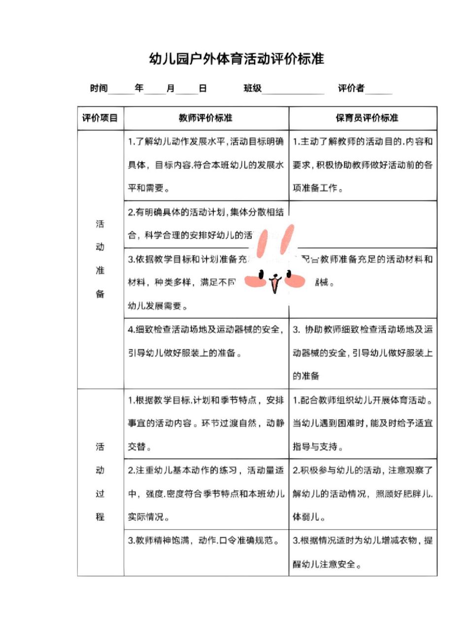 幼儿园体育游戏活动评价表 幼儿园体育游戏活动评价表