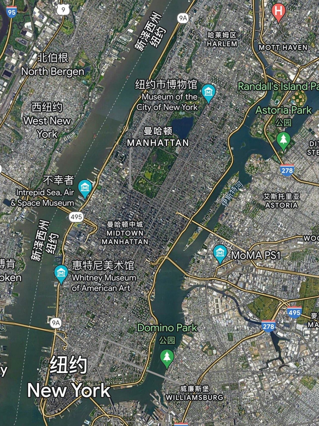 谷歌卫星地图俯瞰纽约曼哈顿,人均gdp42万95