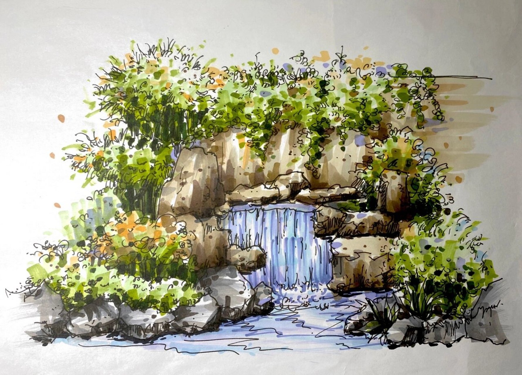 马克笔手绘|景观瀑布小品