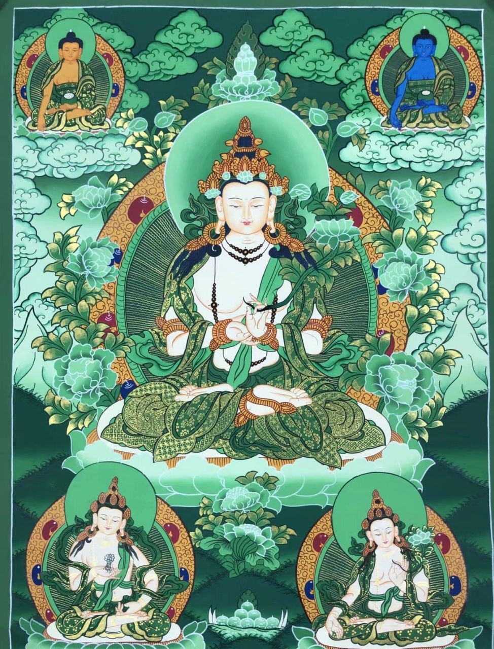 大势至菩萨唐卡壹幅 尼泊尔寺院高阶画师 绿底矿彩纯手绘制 画工精湛