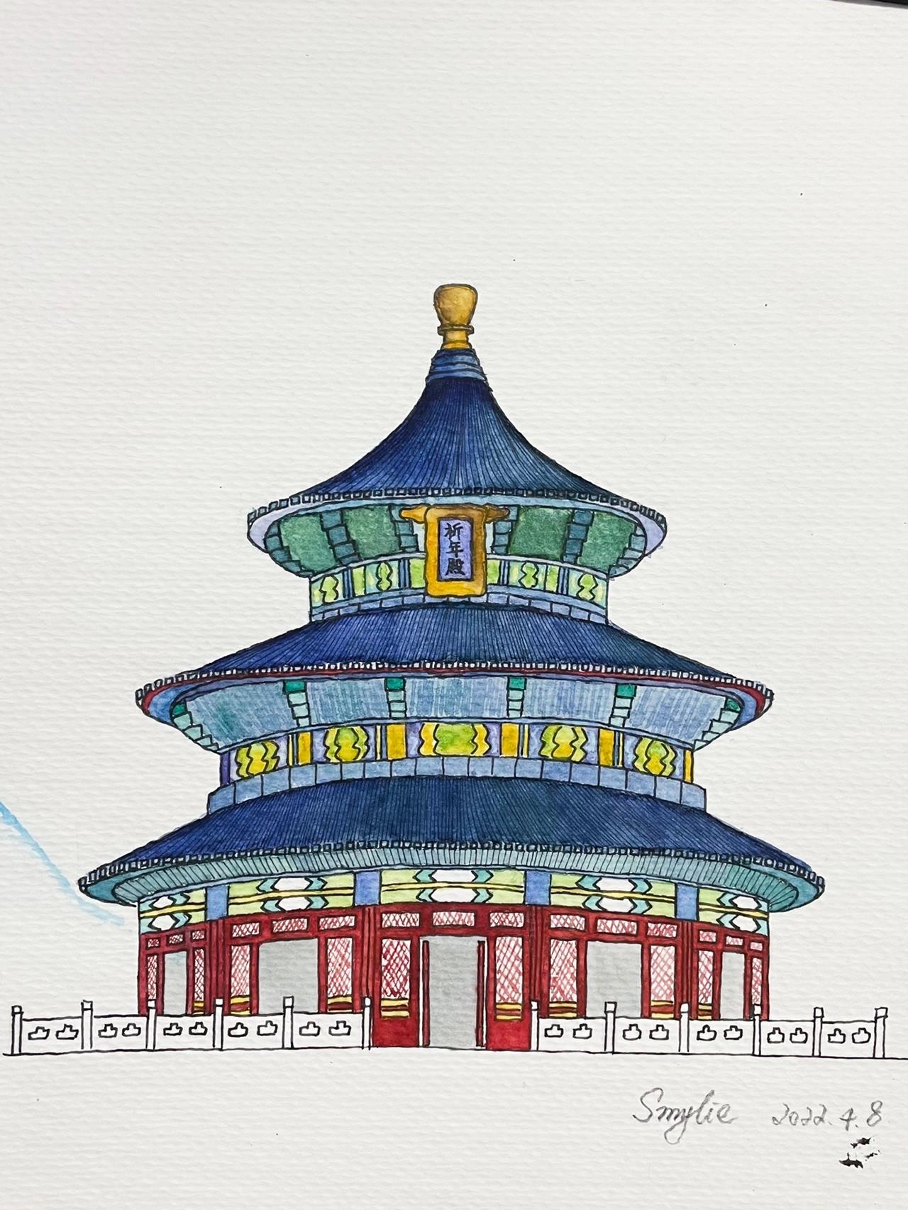 天坛祈年殿手绘上色稿(附线稿