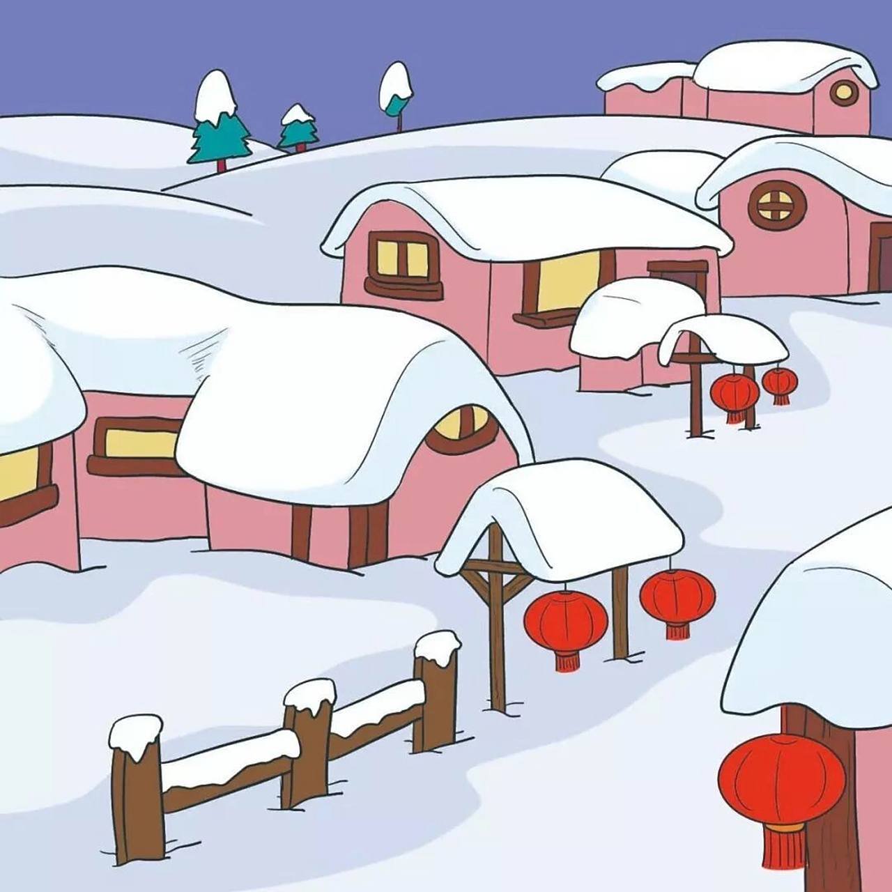 看图写话 冬日村庄 冬天来了,大雪纷飞,下了整整一个晚上.