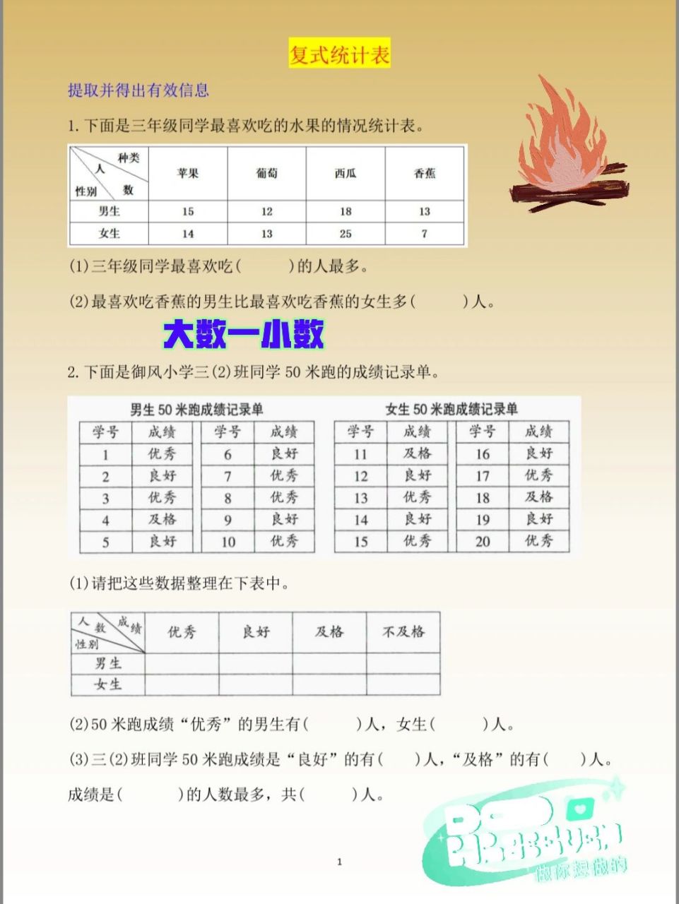 人教版三下数学考点整理(复式统计表1) 广东省广州市三下数学期末真题