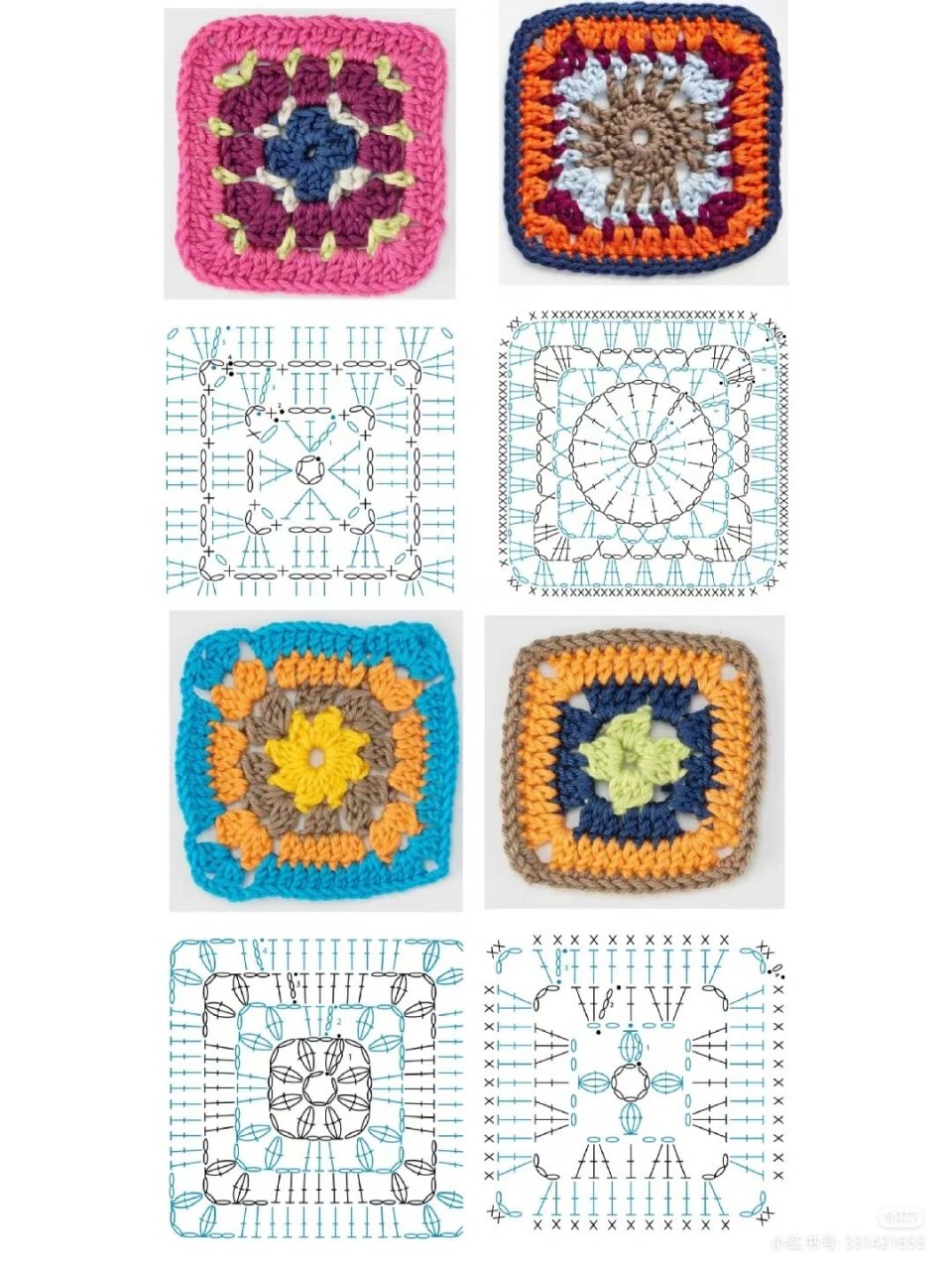 基础祖母方格图解 每个祖母方格都是由中心的圆形向外钩织而成.