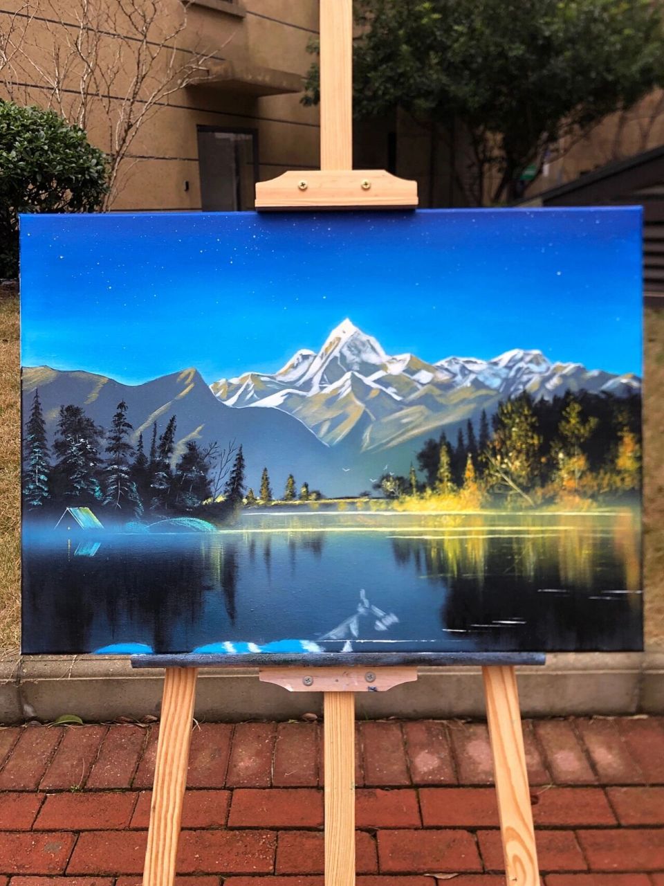 丙烯风景画油画雪山星空湖泊步骤 教程来了! 1.