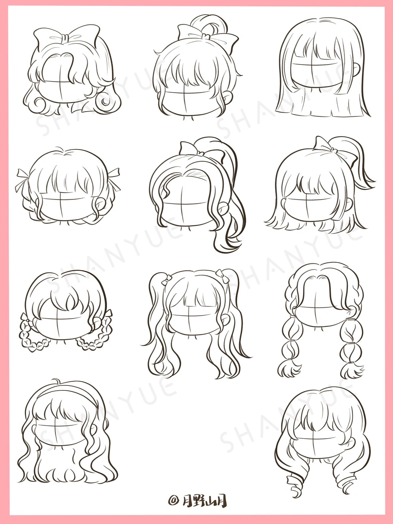 q版女生发型画法合集|女孩头发插画线稿素