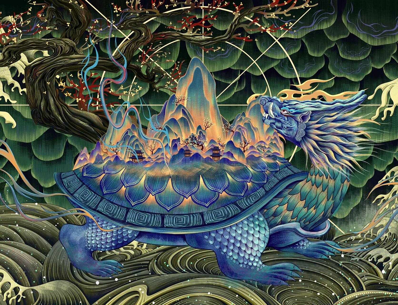 【原创插画】《四象·玄武》 作品介绍:四象玄武,执掌北方,号令万水