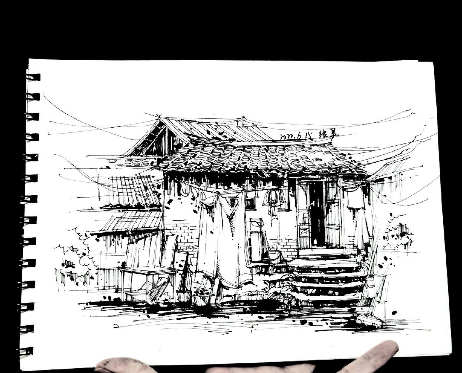 45 手绘村落茅屋瓦房古建筑风景场景速写 第四十五张打卡