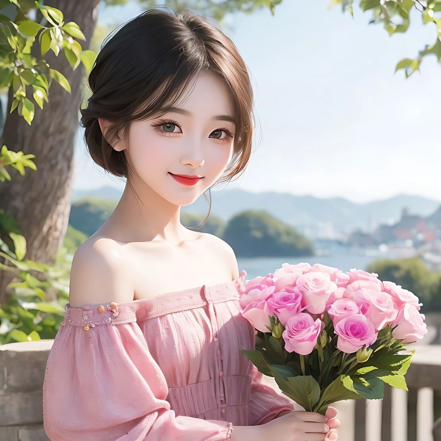 女生头像,美丽甜美捧花女孩